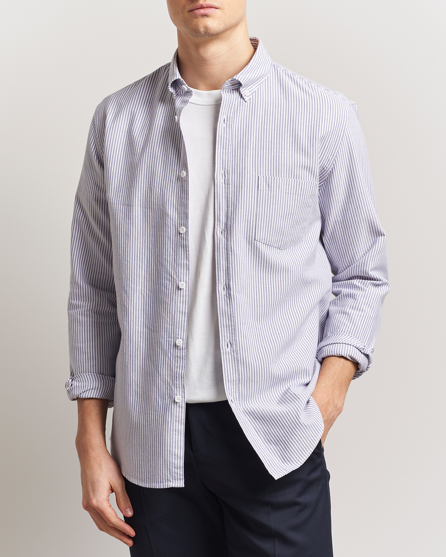 Heren | Overhemden | Sunspel | Striped Oxford Button Down Shirt White/Navy
