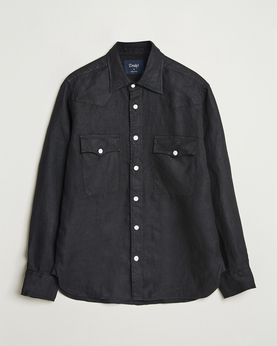Heren | Overhemden | Drake's | Linen Twill Western Shirt Black