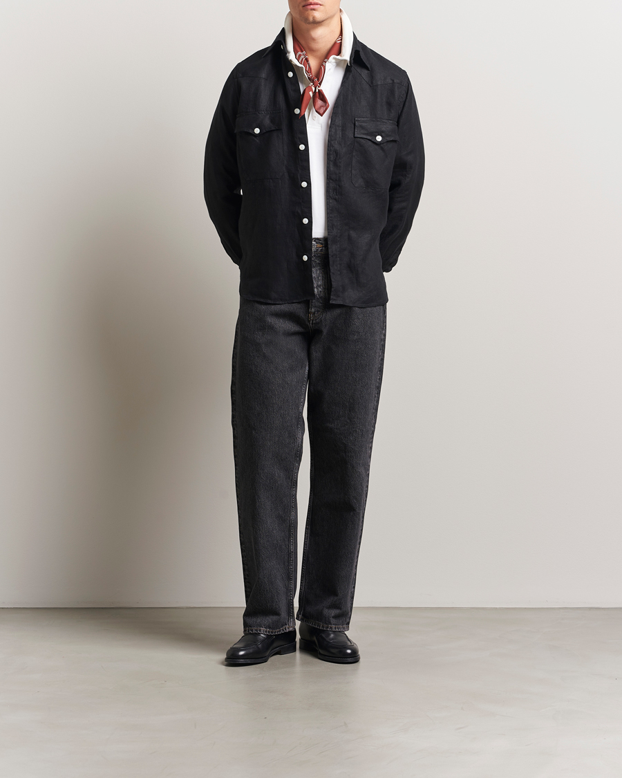 Heren | Overhemden | Drake's | Linen Twill Western Shirt Black