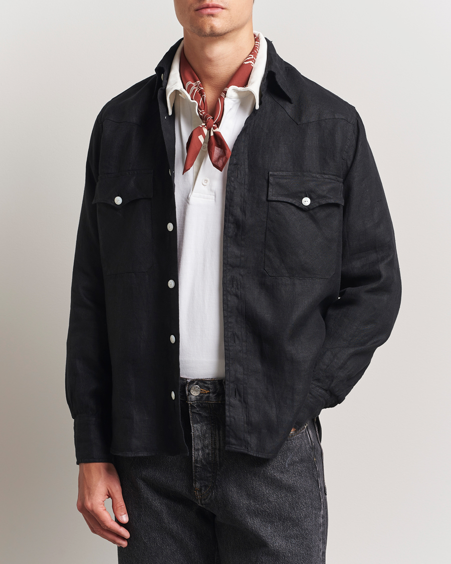 Heren | Overhemden | Drake's | Linen Twill Western Shirt Black