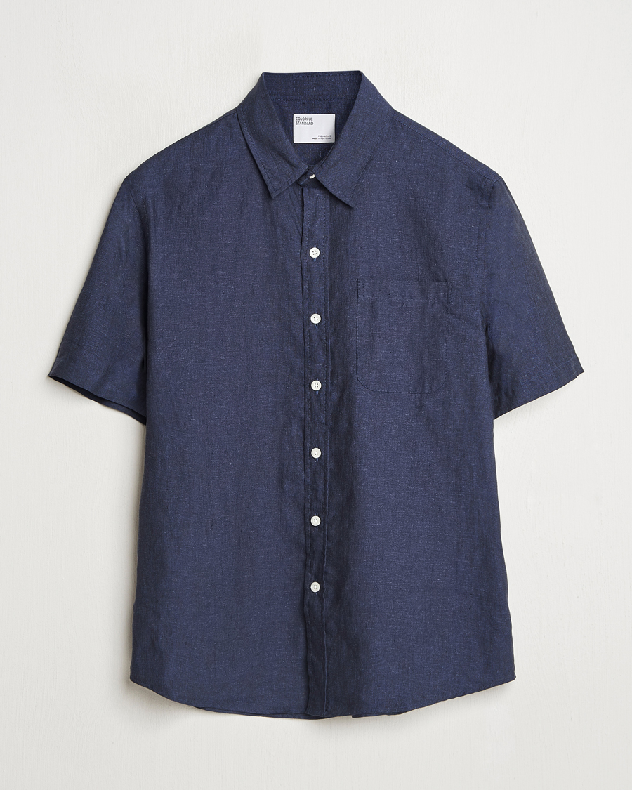 Heren | Overhemden | Colorful Standard | Garment Dyed Linen Short Sleeve Shirt Navy Blue