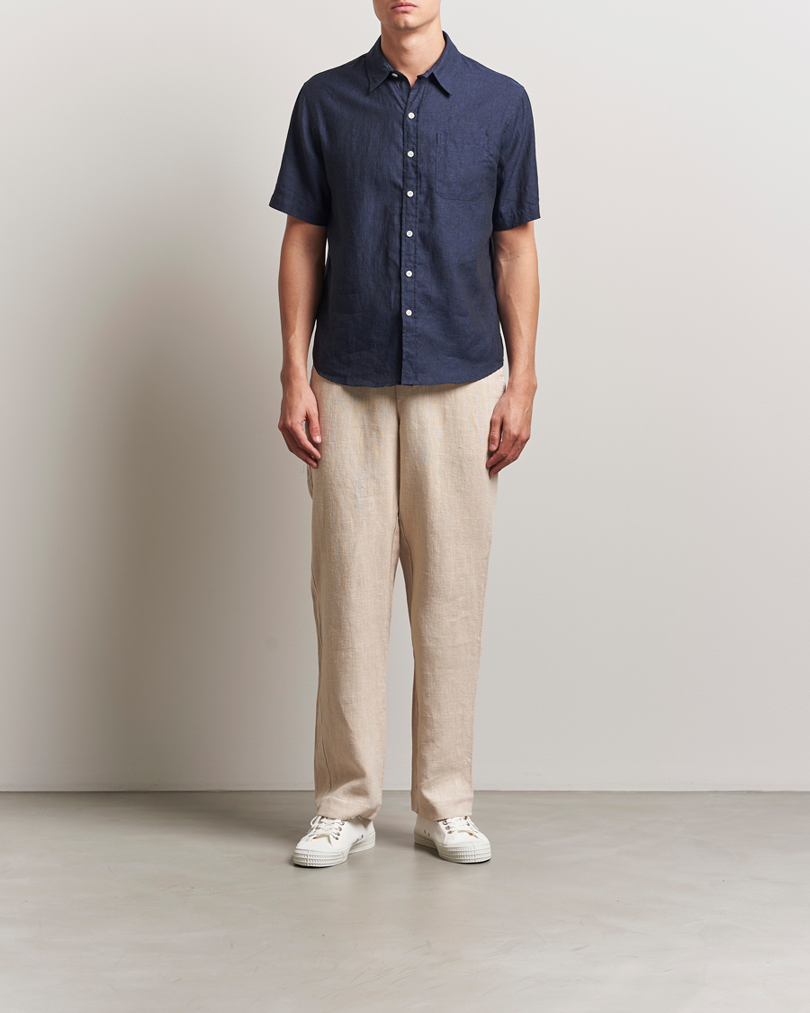 Heren | Overhemden | Colorful Standard | Garment Dyed Linen Short Sleeve Shirt Navy Blue