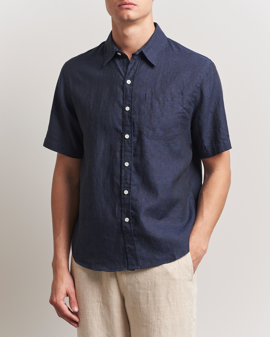 Heren | Overhemden | Colorful Standard | Garment Dyed Linen Short Sleeve Shirt Navy Blue