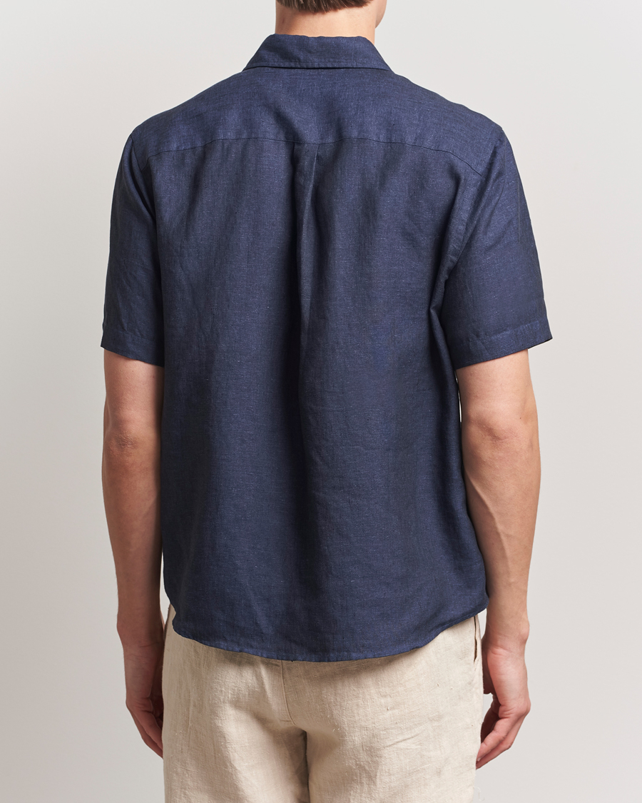 Heren | Overhemden | Colorful Standard | Garment Dyed Linen Short Sleeve Shirt Navy Blue