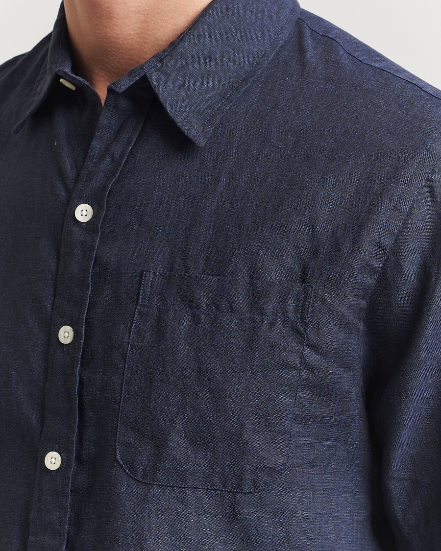 Heren | Overhemden | Colorful Standard | Garment Dyed Linen Short Sleeve Shirt Navy Blue