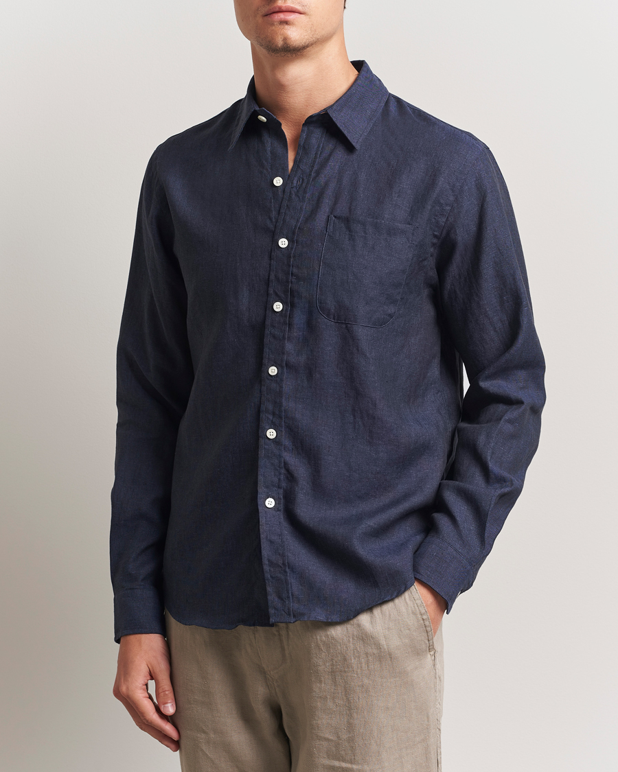 Heren | Overhemden | Colorful Standard | Garment Dyed Linen Shirt Navy Blue