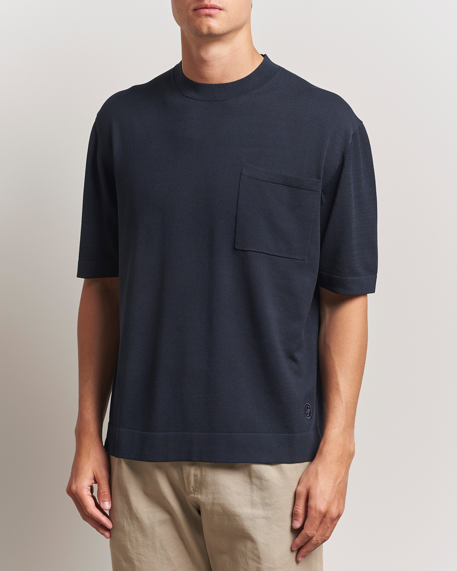 Heren | T-shirts | BOSS BLACK | Jervaiso Cotton/Silk Knitted T-Shirt Dark Blue