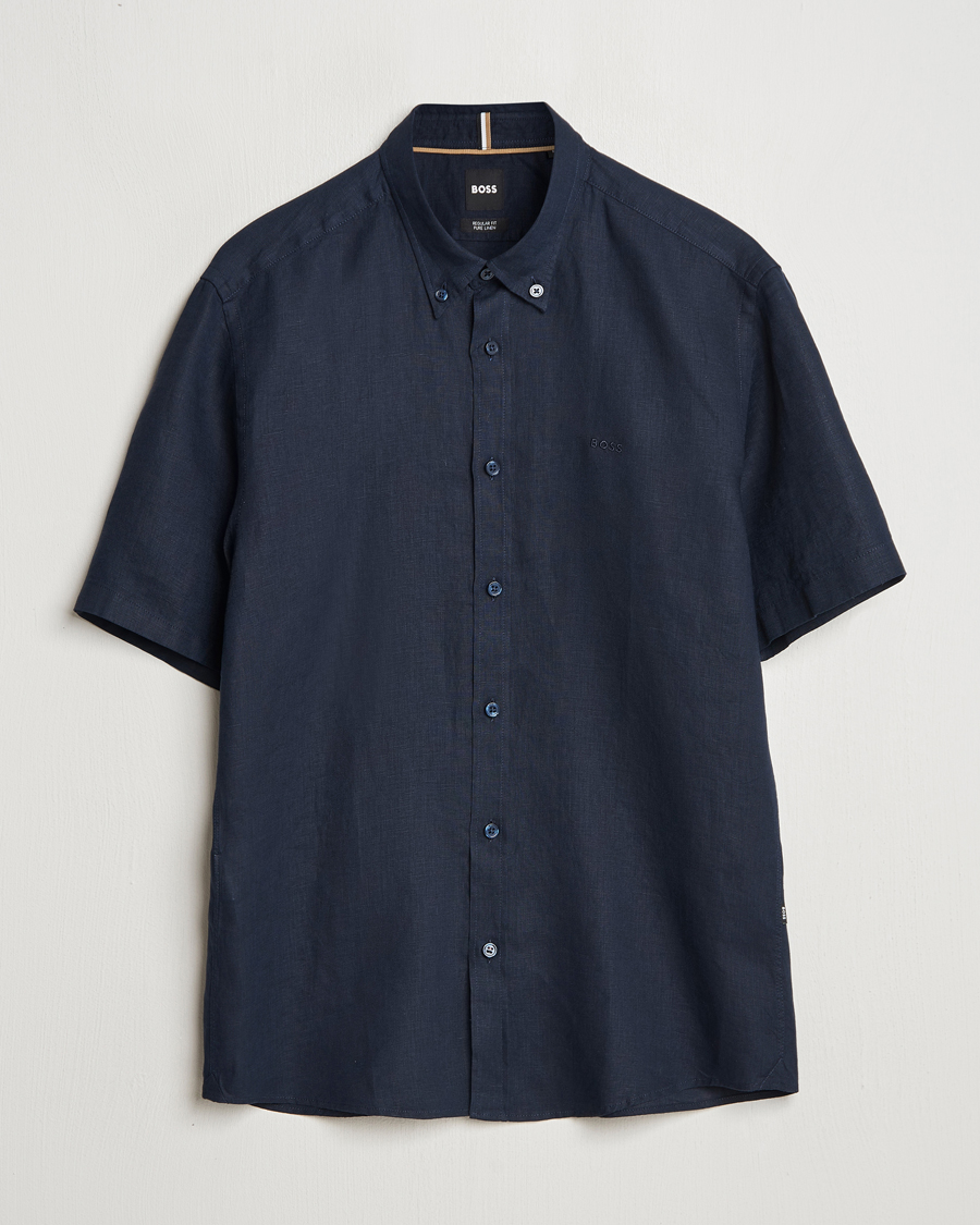 Heren | Overhemden | BOSS BLACK | Liam Linen Short Sleeve Shirt Dark Blue
