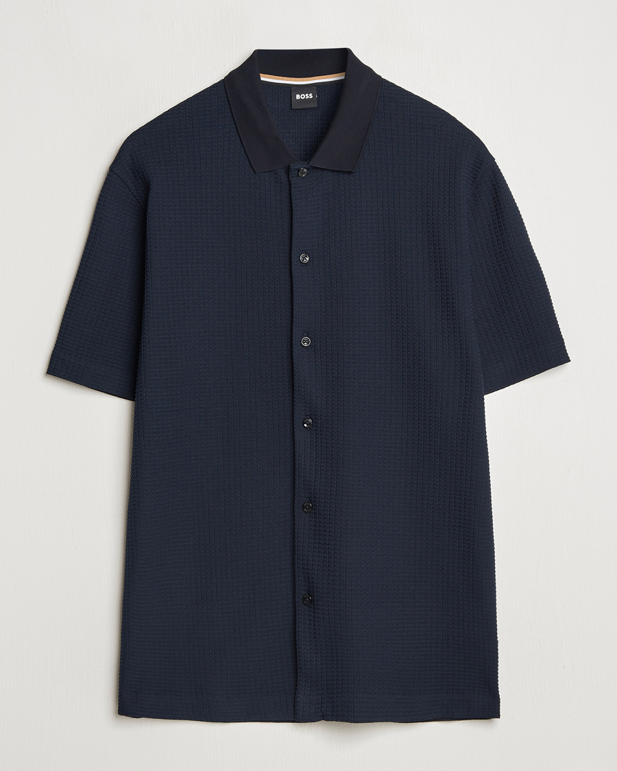 Heren | Overhemden | BOSS BLACK | Palladio Knitted Short Sleeve Shirt Dark Blue