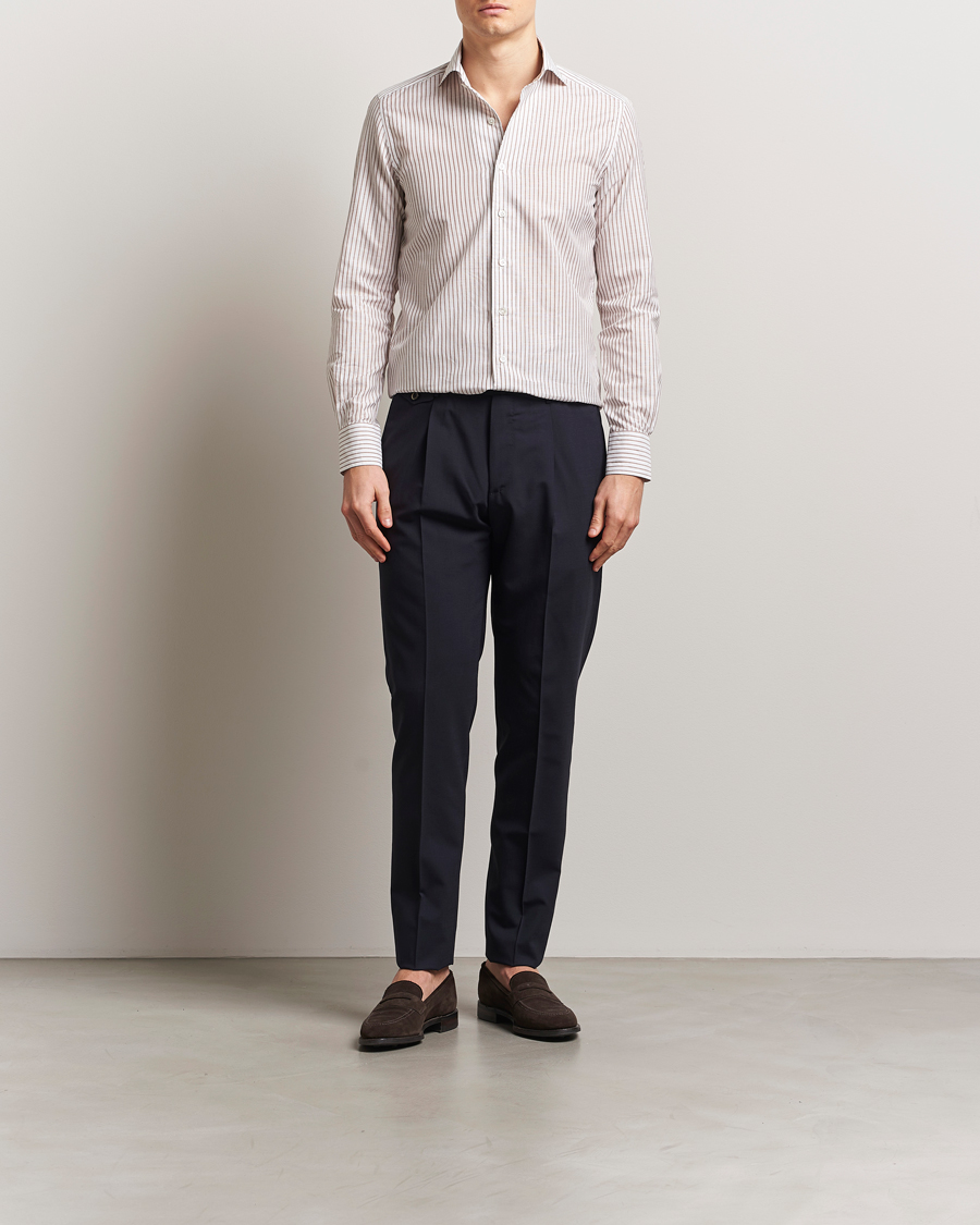 Heren | Overhemden | 100Hands | Cut Away Striped Linen Shirt Brown