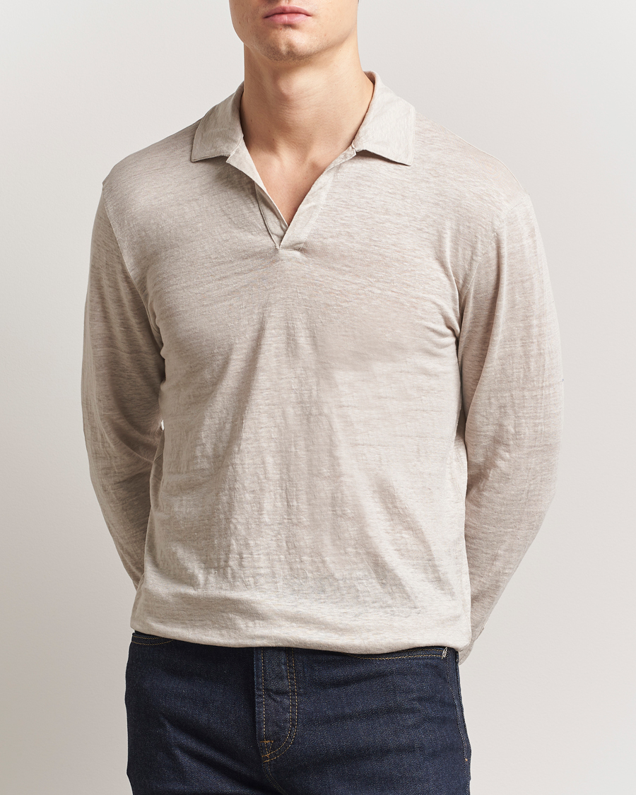Heren | Polo's | Gran Sasso | Washed Linen Long Sleeve Polo Beige Melange