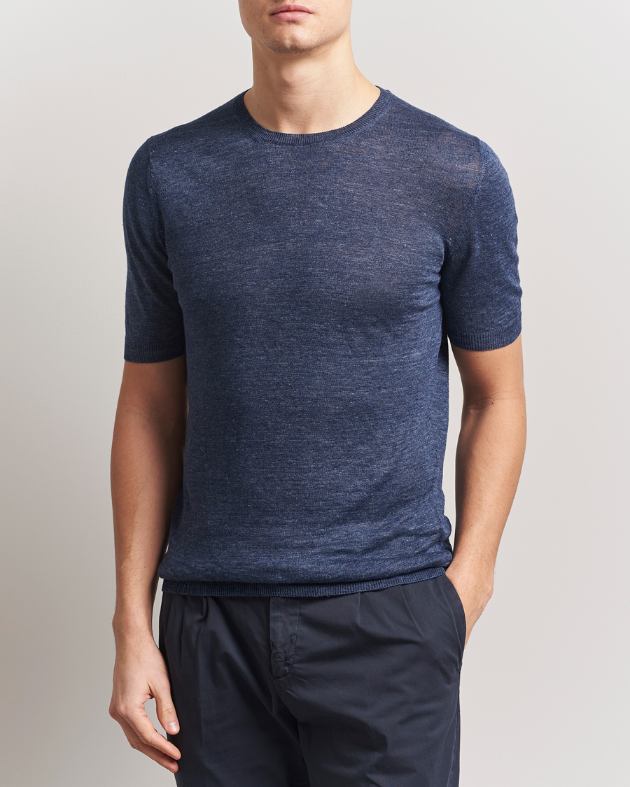 Heren | T-shirts | Gran Sasso | Knitted Linen T-Shirt Navy Melange