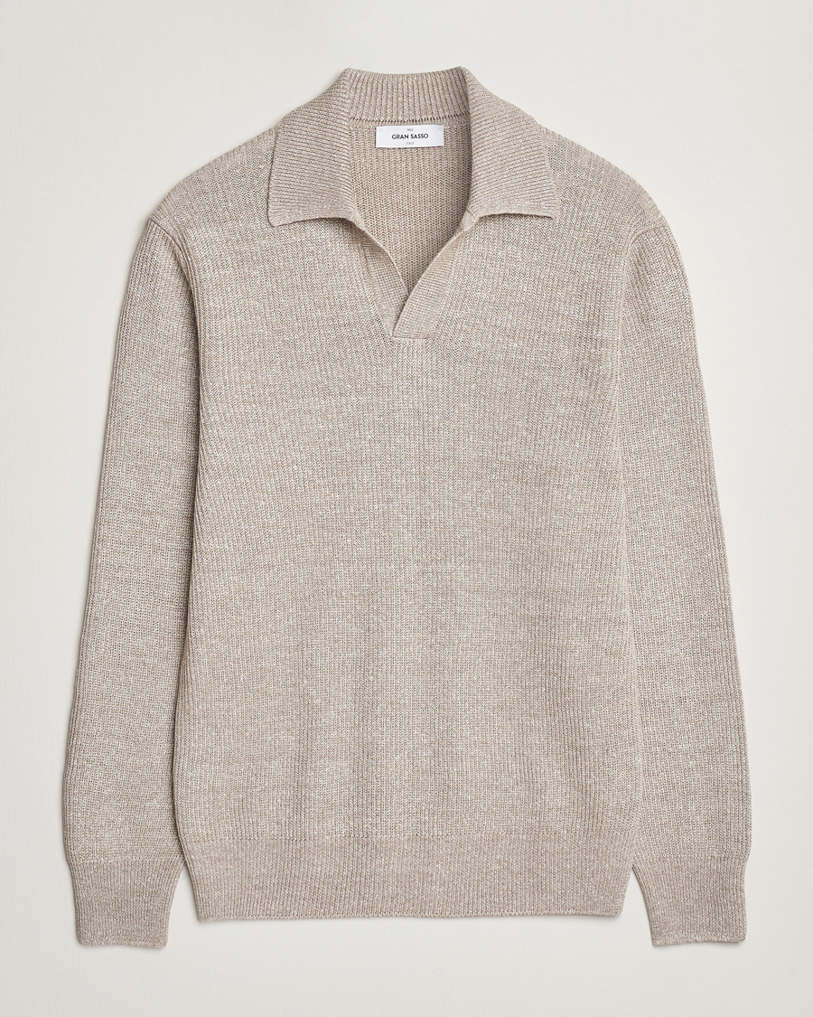 Heren | Truien | Gran Sasso | Linen/Cotton Open Collar Knitted Polo Beige Melange