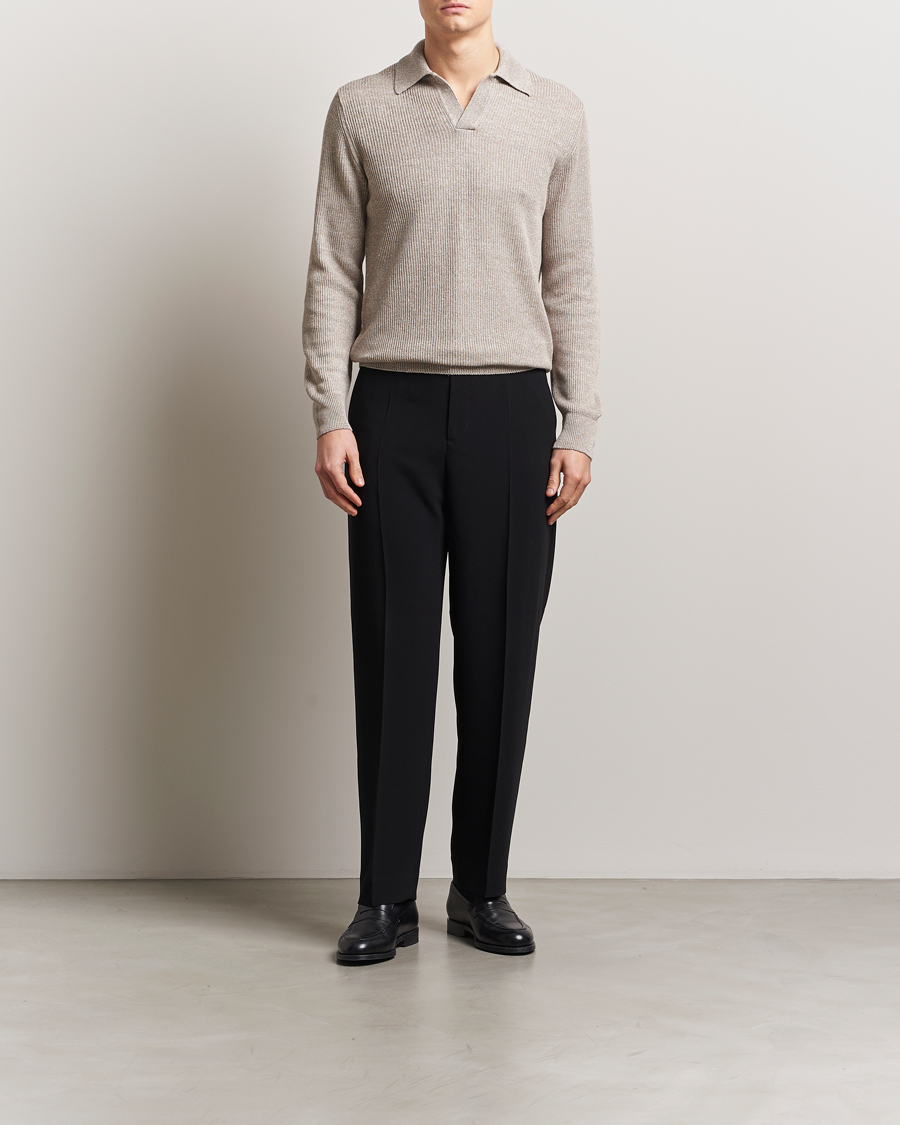 Heren | Truien | Gran Sasso | Linen/Cotton Open Collar Knitted Polo Beige Melange