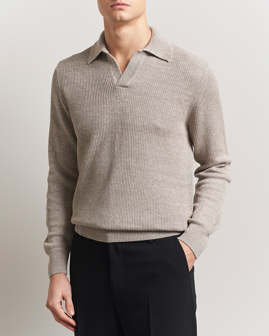 Heren | Truien | Gran Sasso | Linen/Cotton Open Collar Knitted Polo Beige Melange