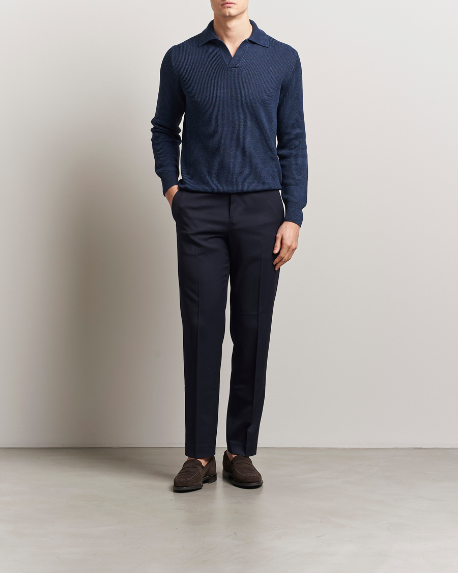 Heren | Truien | Gran Sasso | Linen/Cotton Open Collar Knitted Polo Navy Melange