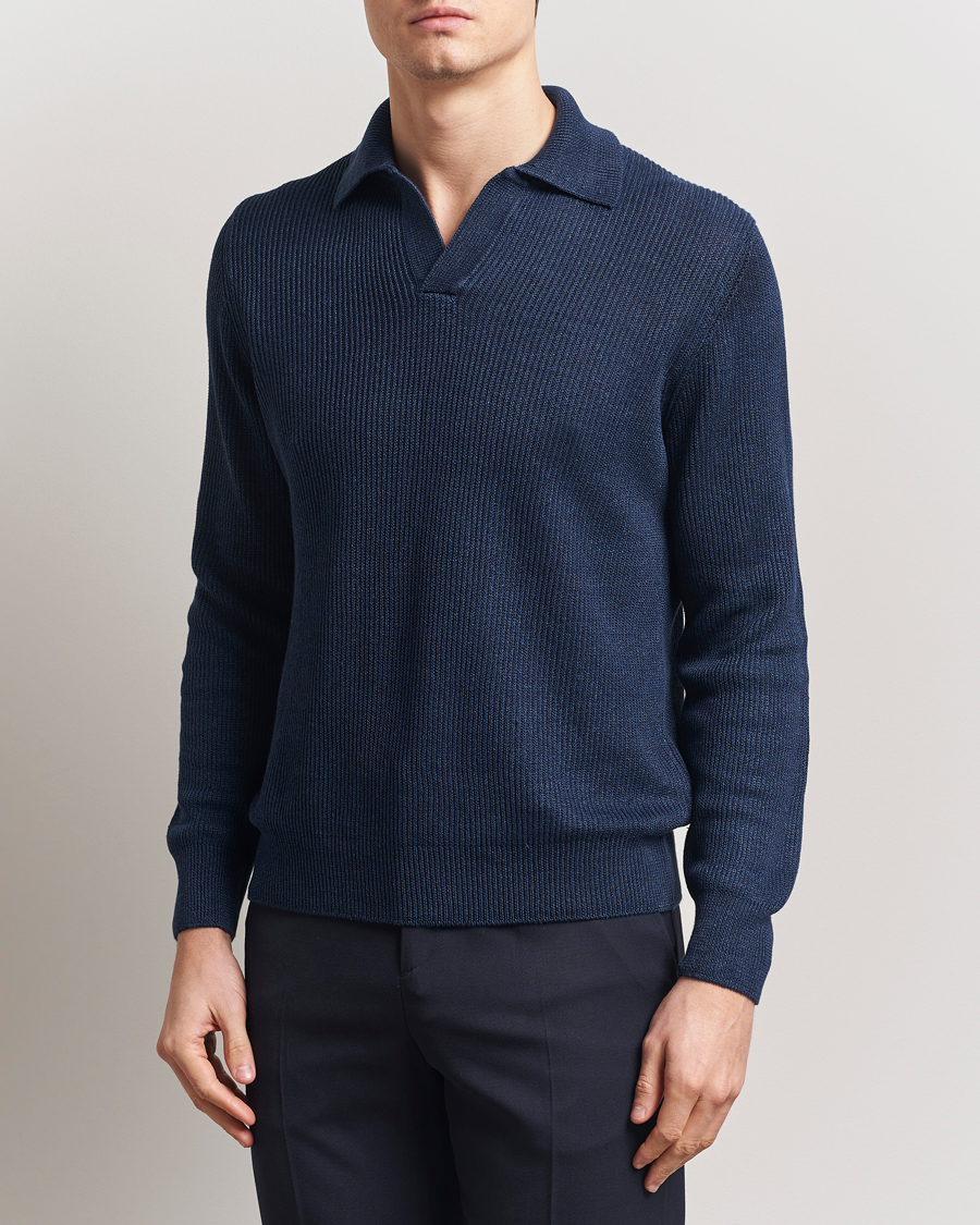 Heren | Truien | Gran Sasso | Linen/Cotton Open Collar Knitted Polo Navy Melange