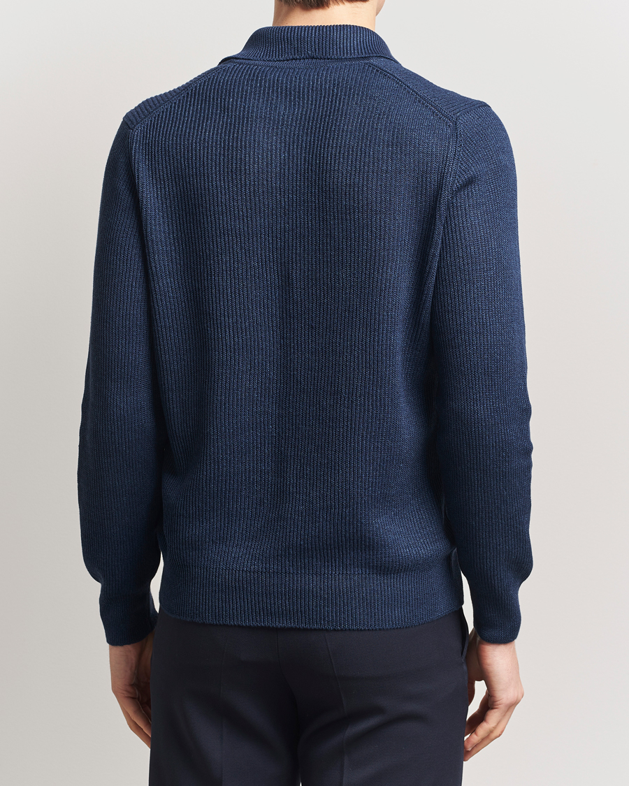 Heren | Truien | Gran Sasso | Linen/Cotton Open Collar Knitted Polo Navy Melange