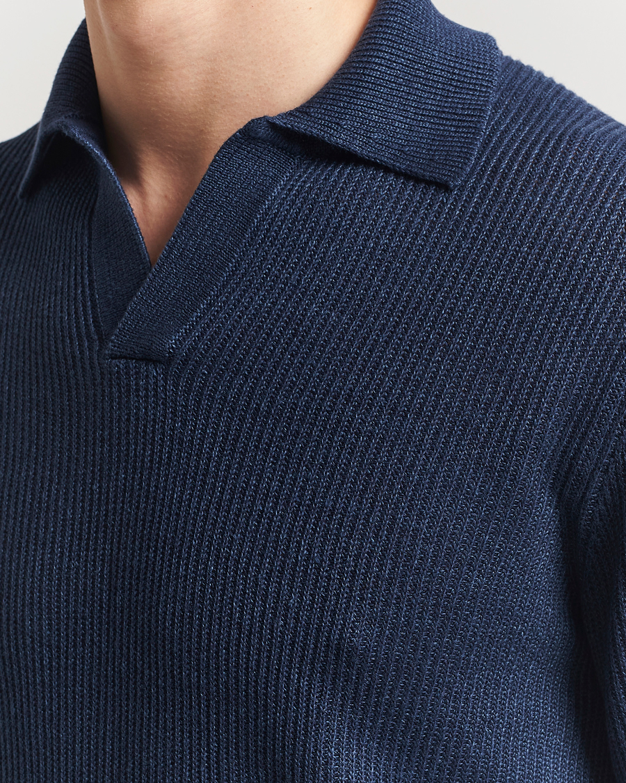 Heren | Truien | Gran Sasso | Linen/Cotton Open Collar Knitted Polo Navy Melange