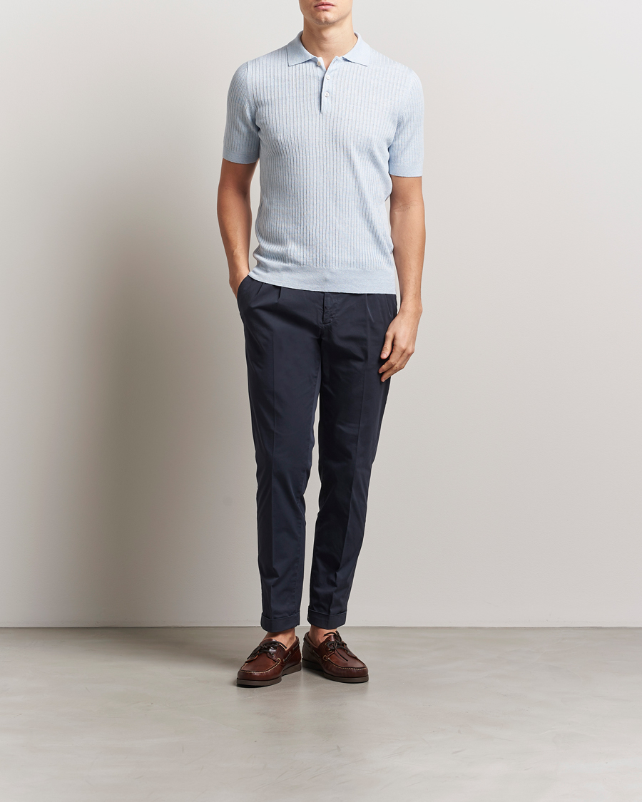 Heren | Polo's | Gran Sasso | Linen/Cotton Structured Knitted Polo Blue Melange