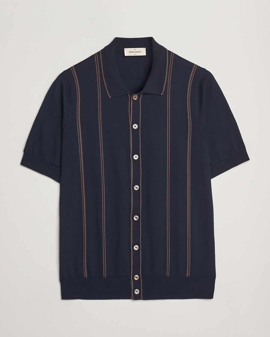 Heren | Overhemden | Gran Sasso | Cotton Knitted Striped Short Sleeve Shirt Navy