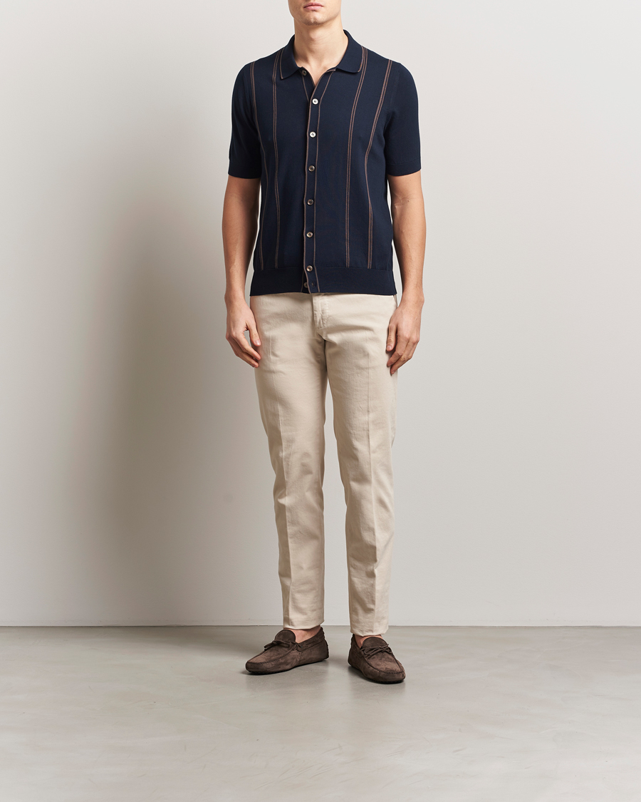 Heren | Overhemden | Gran Sasso | Cotton Knitted Striped Short Sleeve Shirt Navy