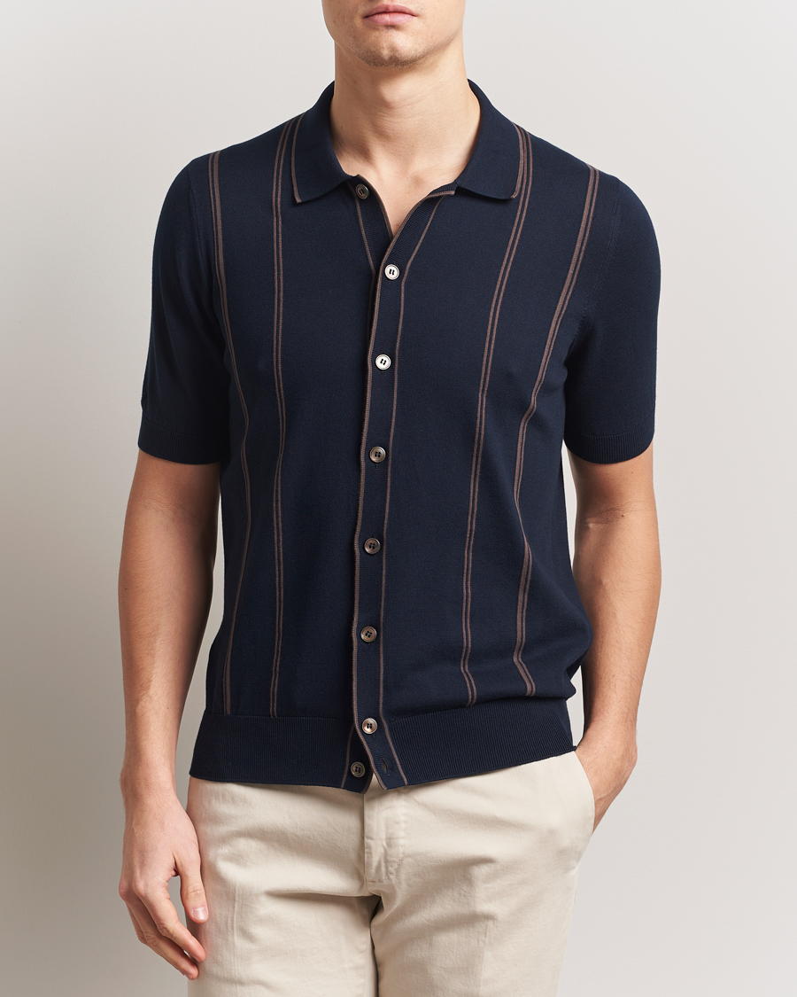 Heren | Overhemden | Gran Sasso | Cotton Knitted Striped Short Sleeve Shirt Navy