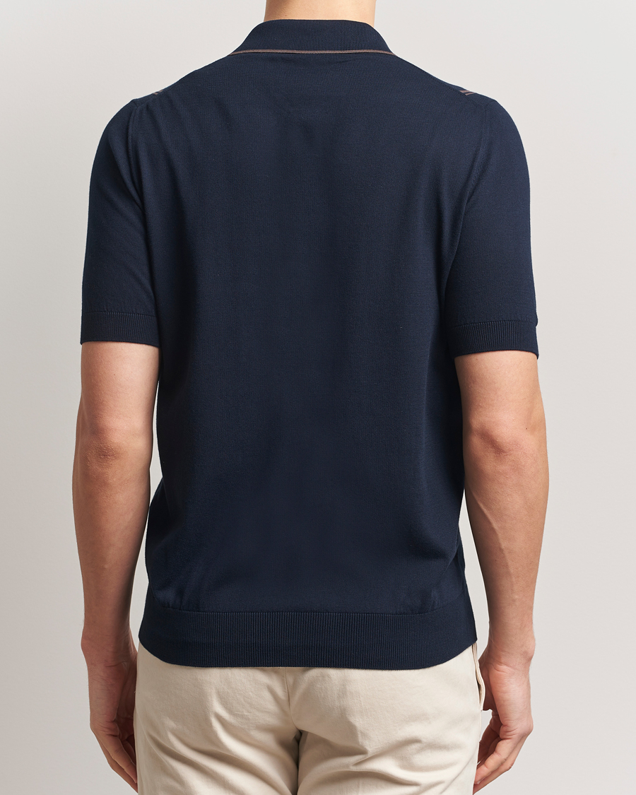 Heren | Overhemden | Gran Sasso | Cotton Knitted Striped Short Sleeve Shirt Navy