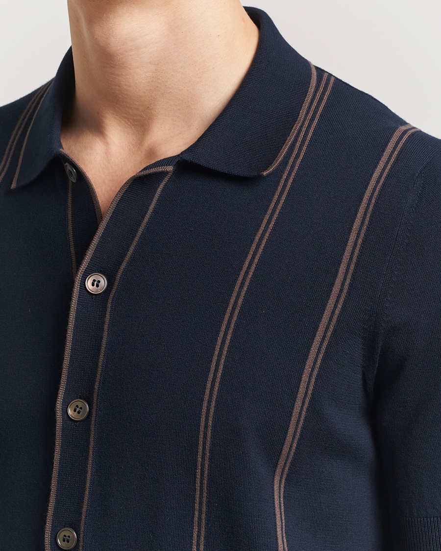 Heren | Overhemden | Gran Sasso | Cotton Knitted Striped Short Sleeve Shirt Navy