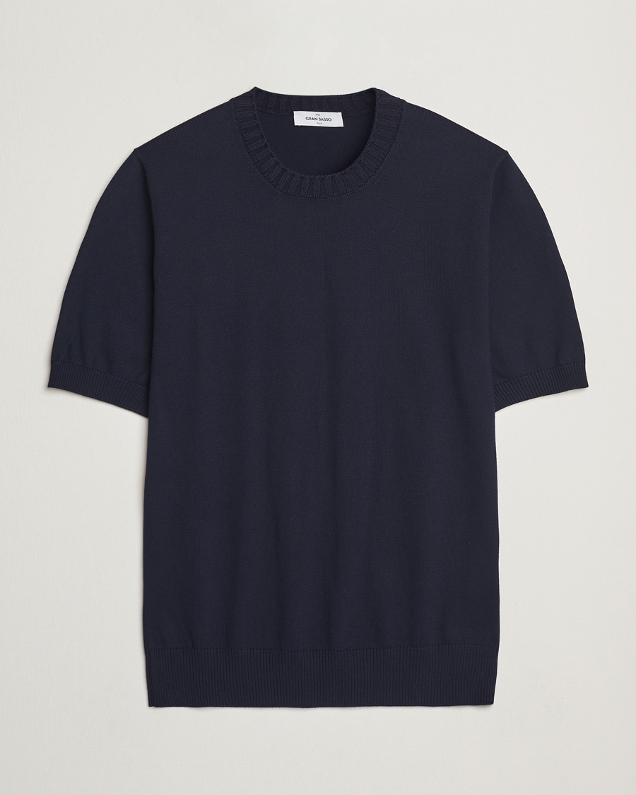 Heren | T-shirts | Gran Sasso | Cotton Heavy Knitted Crew Neck T-Shirt Navy