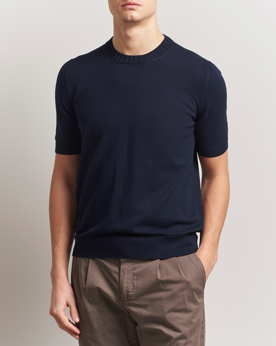 Heren | T-shirts | Gran Sasso | Cotton Heavy Knitted Crew Neck T-Shirt Navy