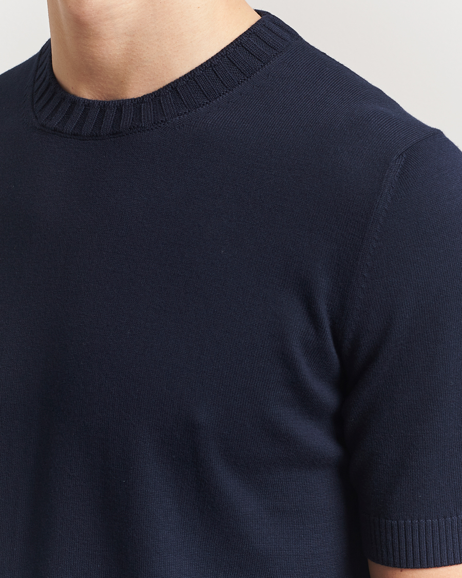 Heren | T-shirts | Gran Sasso | Cotton Heavy Knitted Crew Neck T-Shirt Navy
