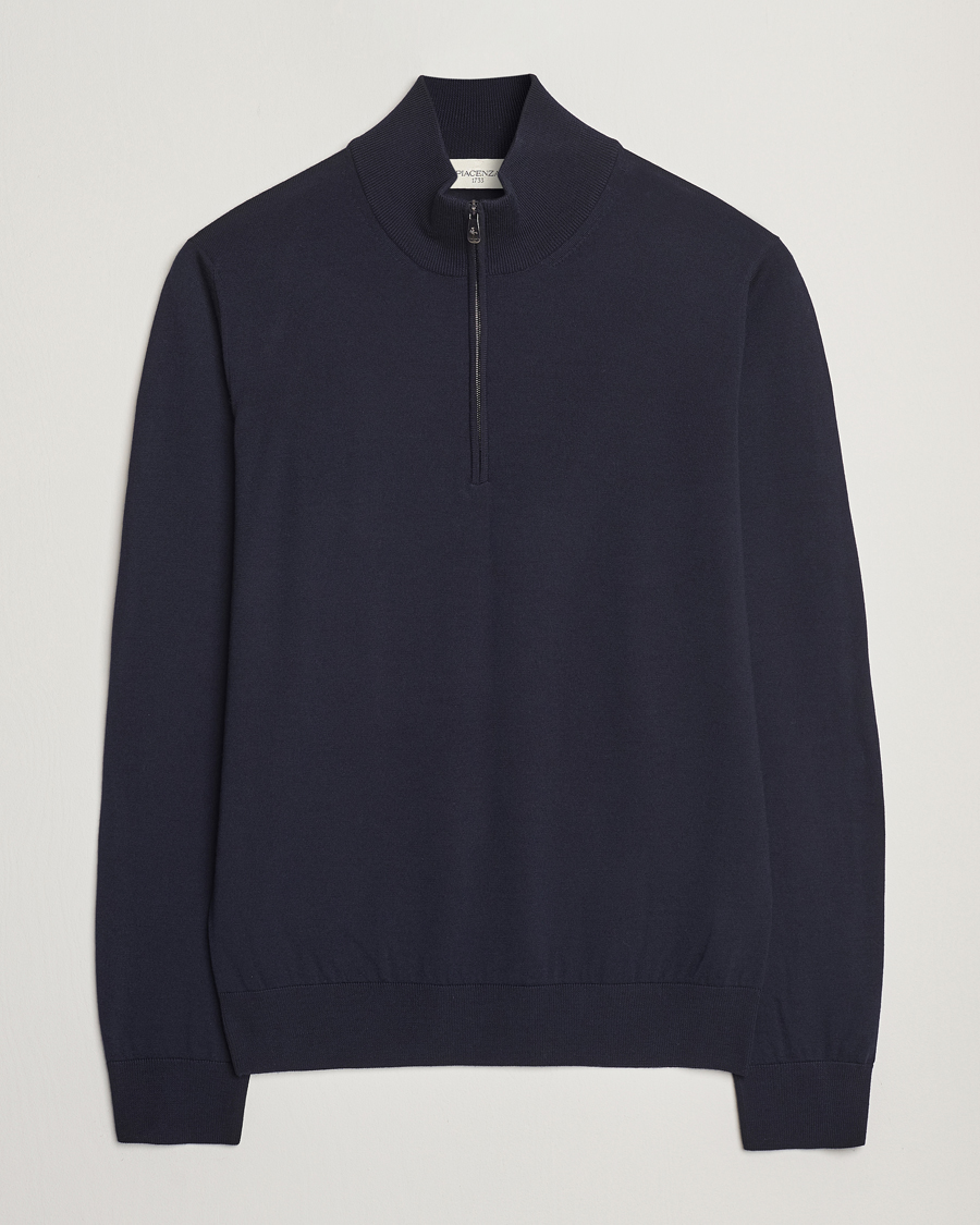 Heren | Truien | Piacenza Cashmere | Merino Wool Crew Neck Half Zip Navy