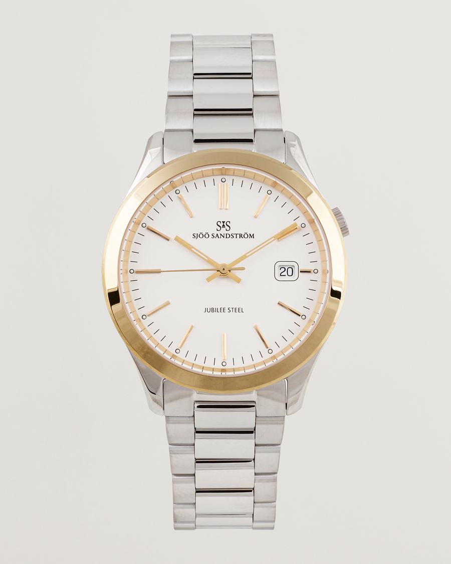 Heren | Sjöö Sandström Jubilee Steel Quartz 40mm Gold Bezel White/Steel | Sjöö Sandström | Jubilee Steel Quartz 40mm Gold Bezel White/Steel