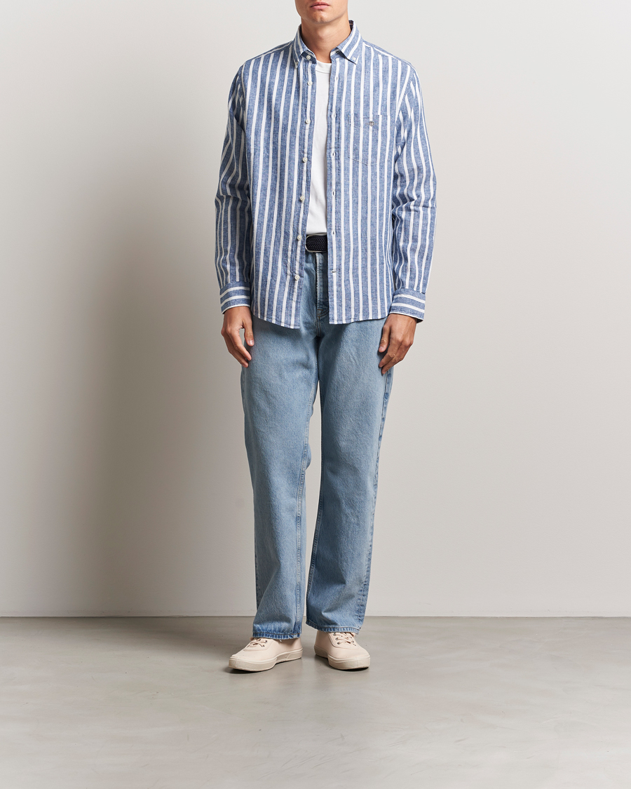 Heren | Overhemden | GANT | Regular Fit Cotton/Linen Striped Shirt Rich Blue