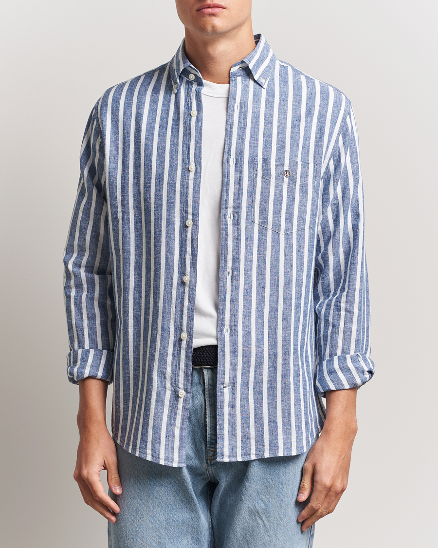 Heren | Overhemden | GANT | Regular Fit Cotton/Linen Striped Shirt Rich Blue