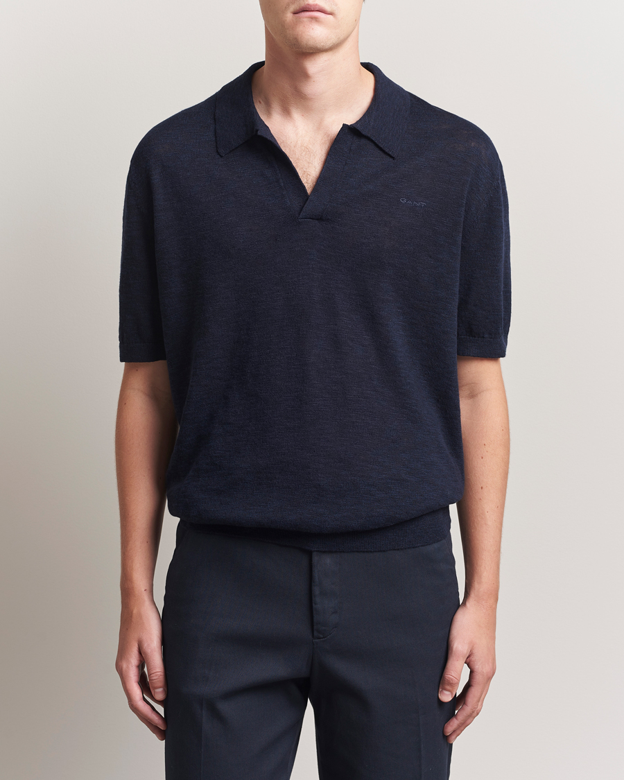 Heren | Polo's | GANT | Linen/Cotton Open Collar Polo Evening Blue