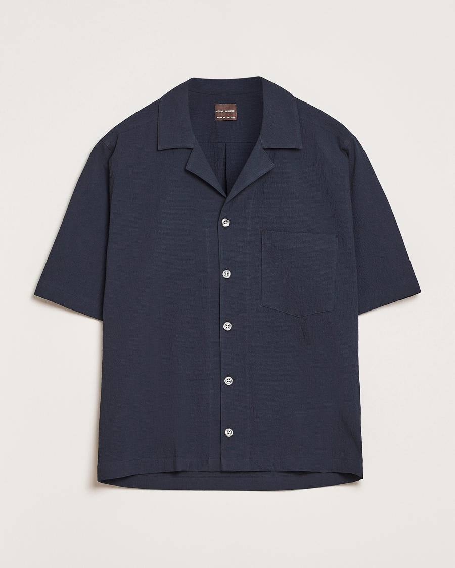 Heren | Overhemden | Oscar Jacobson | Reg Fit Cuba Seersucker Shirt Navy