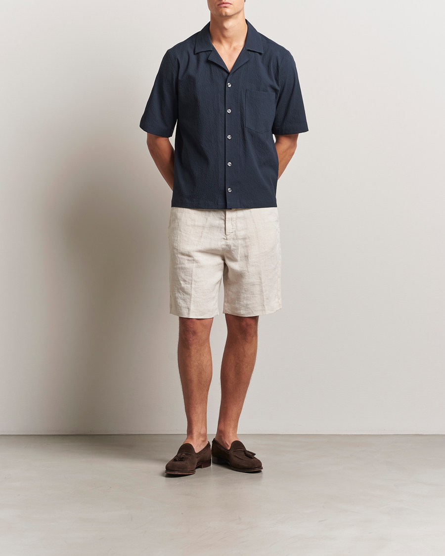 Heren | Overhemden | Oscar Jacobson | Reg Fit Cuba Seersucker Shirt Navy