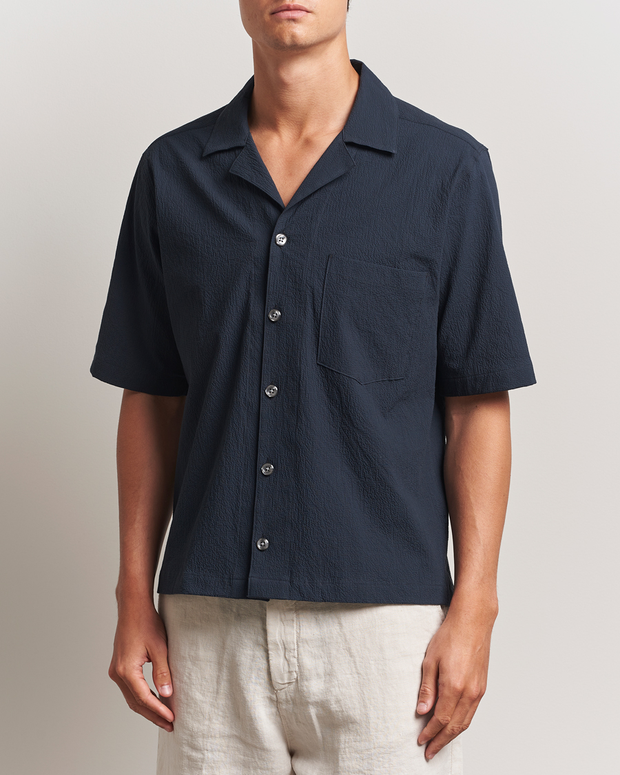 Heren | Overhemden | Oscar Jacobson | Reg Fit Cuba Seersucker Shirt Navy
