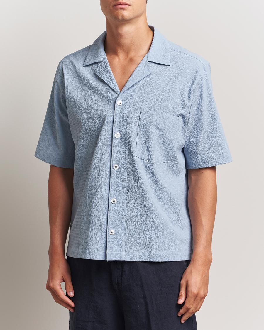 Heren | Overhemden | Oscar Jacobson | Reg Fit Cuba Seersucker Shirt Light Blue