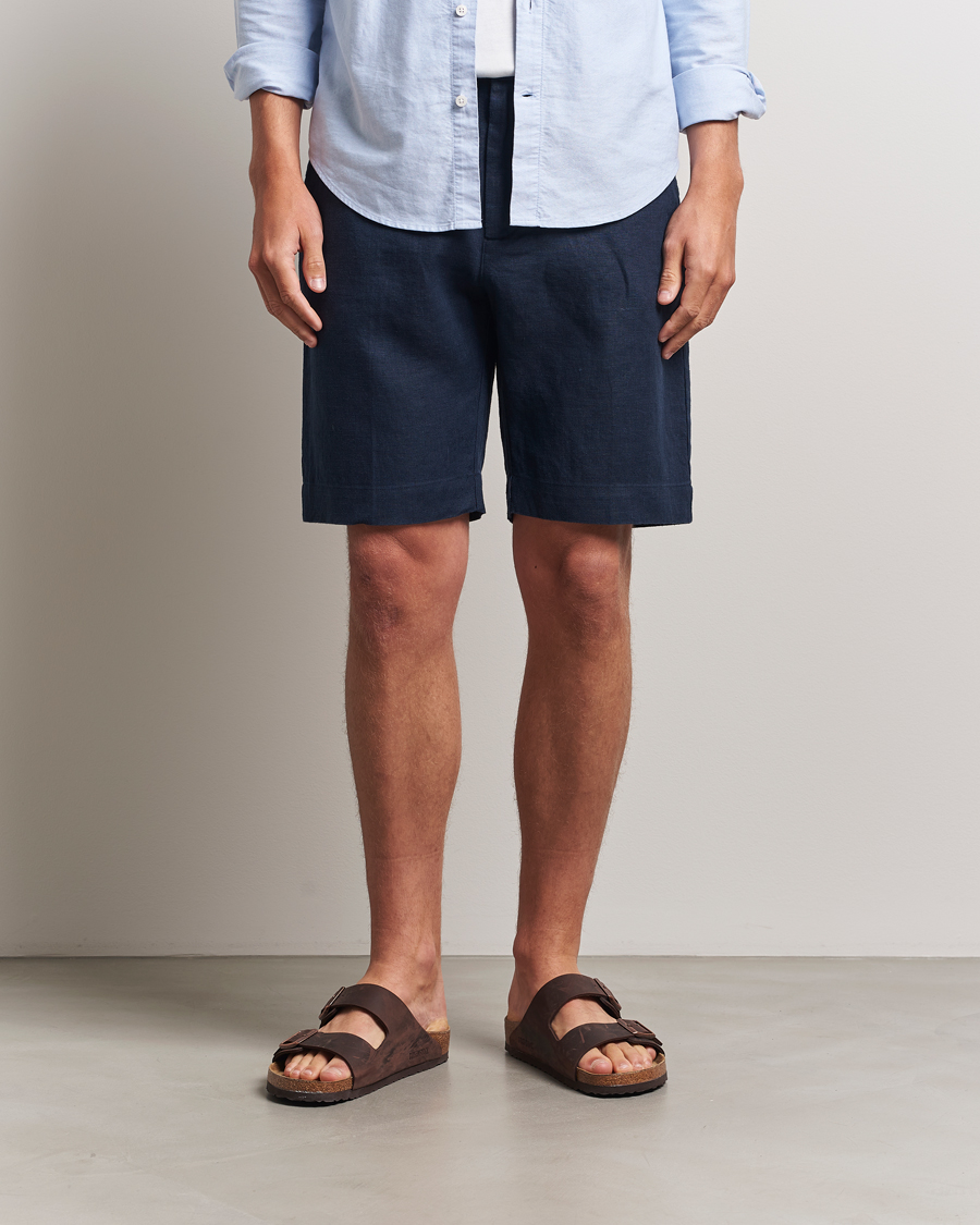 Heren | Korte broek | NN07 | Billie Pleated Linen Drawstring Shorts Navy Blue