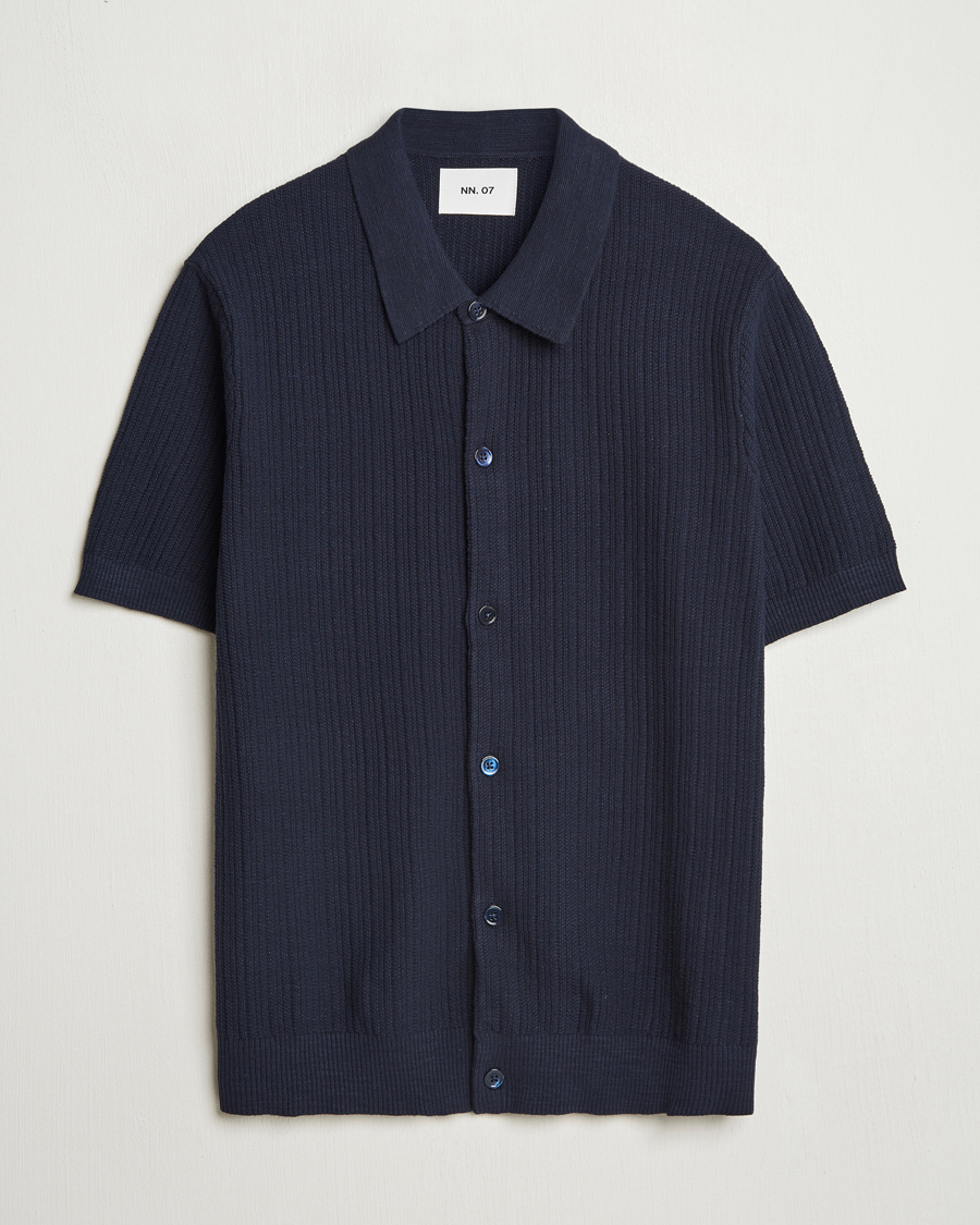 Heren | Overhemden | NN07 | Nolan Knitted Short Sleeve Shirt Navy Blue
