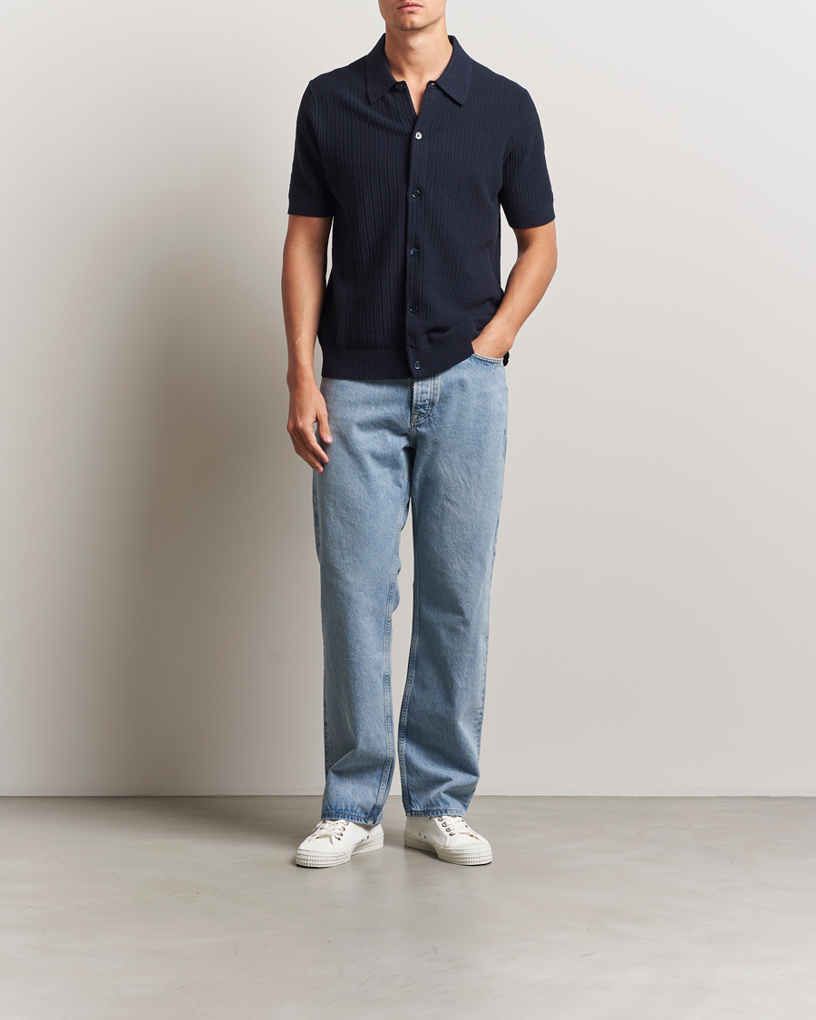 Heren | Overhemden | NN07 | Nolan Knitted Short Sleeve Shirt Navy Blue