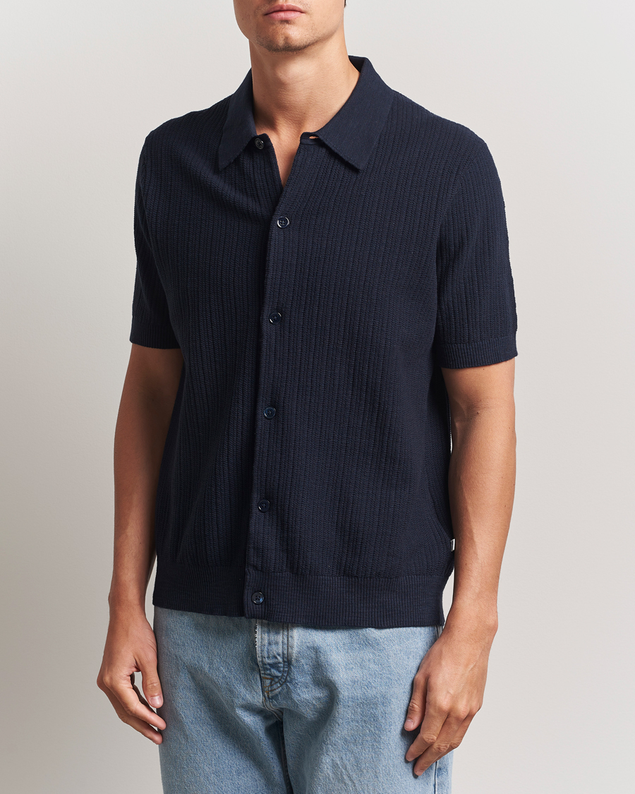 Heren | Overhemden | NN07 | Nolan Knitted Short Sleeve Shirt Navy Blue