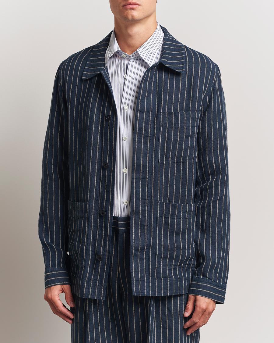 Heren | Overhemden | NN07 | Olav Linen Pinstriped Overshirt Navy Blue