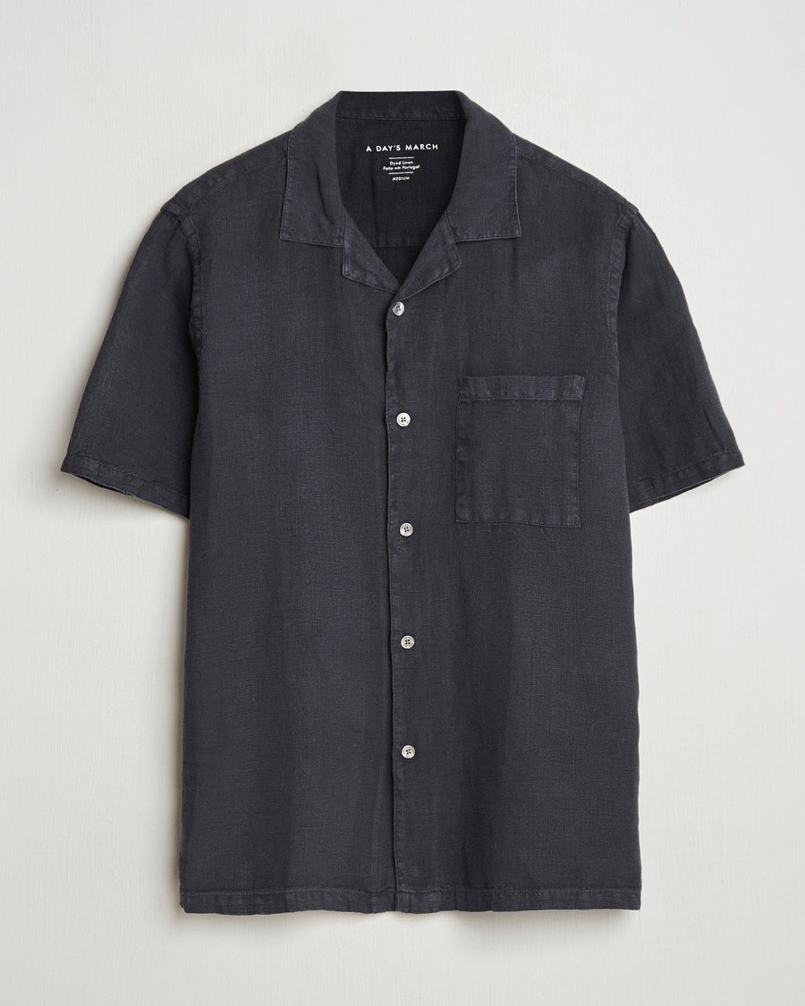 Heren | Overhemden | A Day's March | Yamu Linen Short Sleeve Shirt Off Black