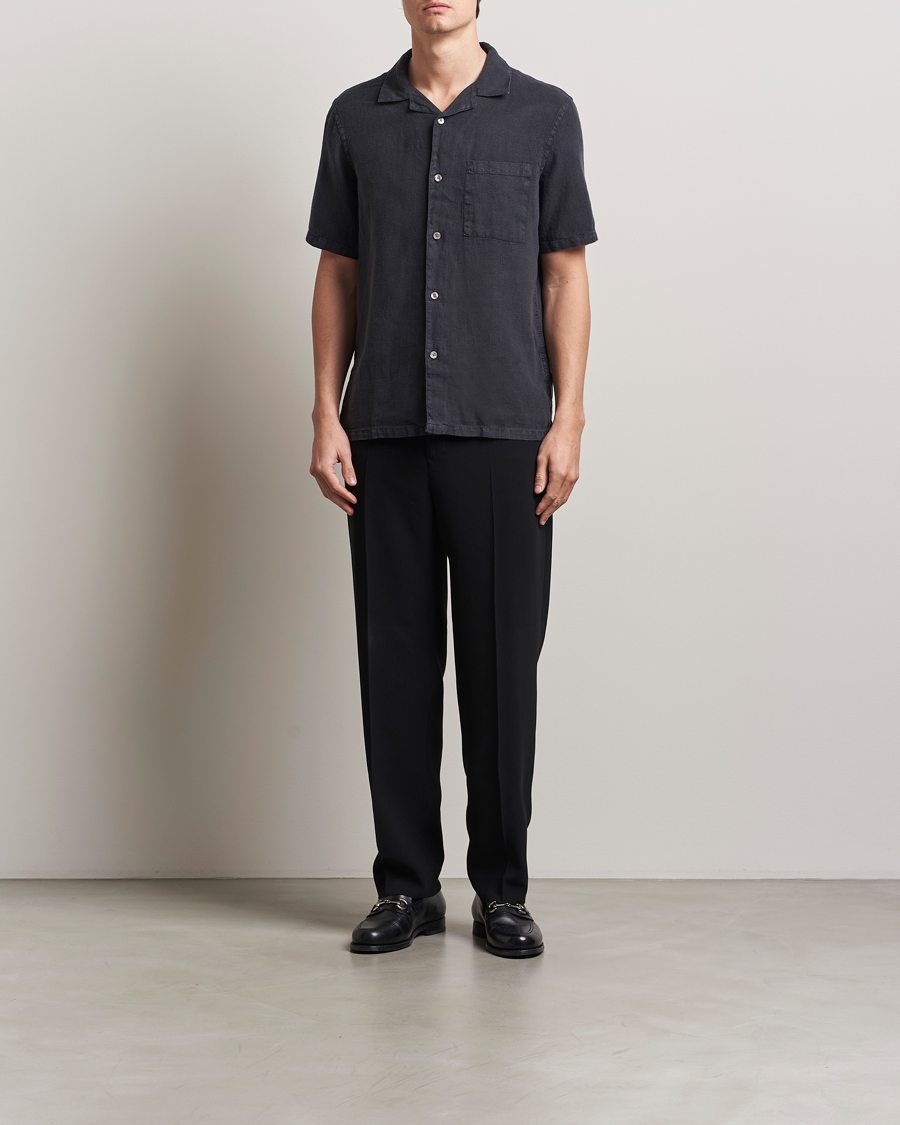 Heren | Overhemden | A Day's March | Yamu Linen Short Sleeve Shirt Off Black