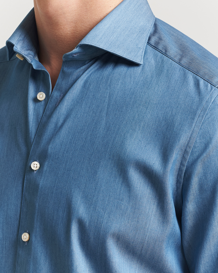Heren | Overhemden | Stenströms | 1899 Slim Twofold Cotton Denim Shirt Mid Blue
