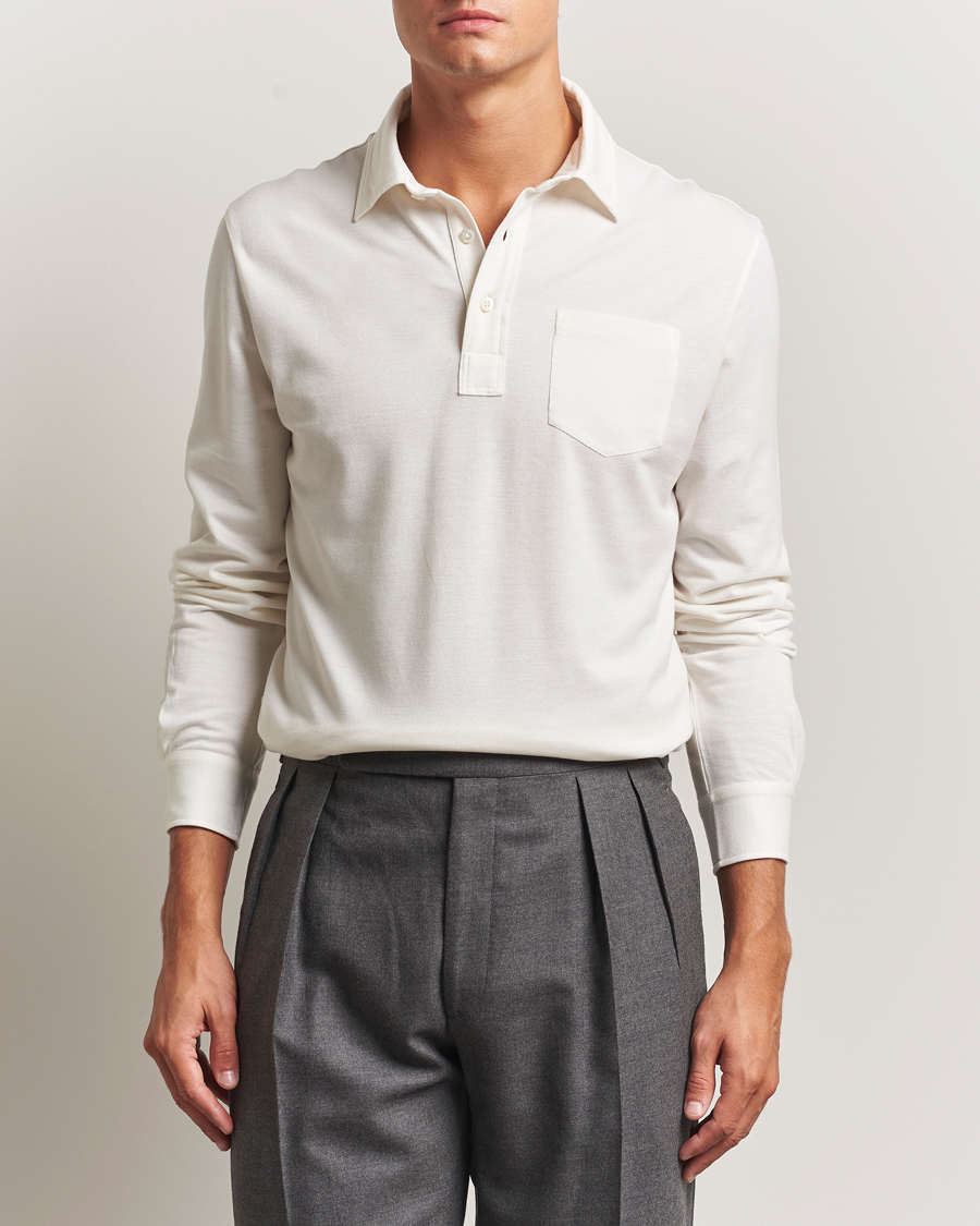 Heren | Polo's | Ralph Lauren Purple Label | Cotton/Cashmere Long Sleeve Polo Cream
